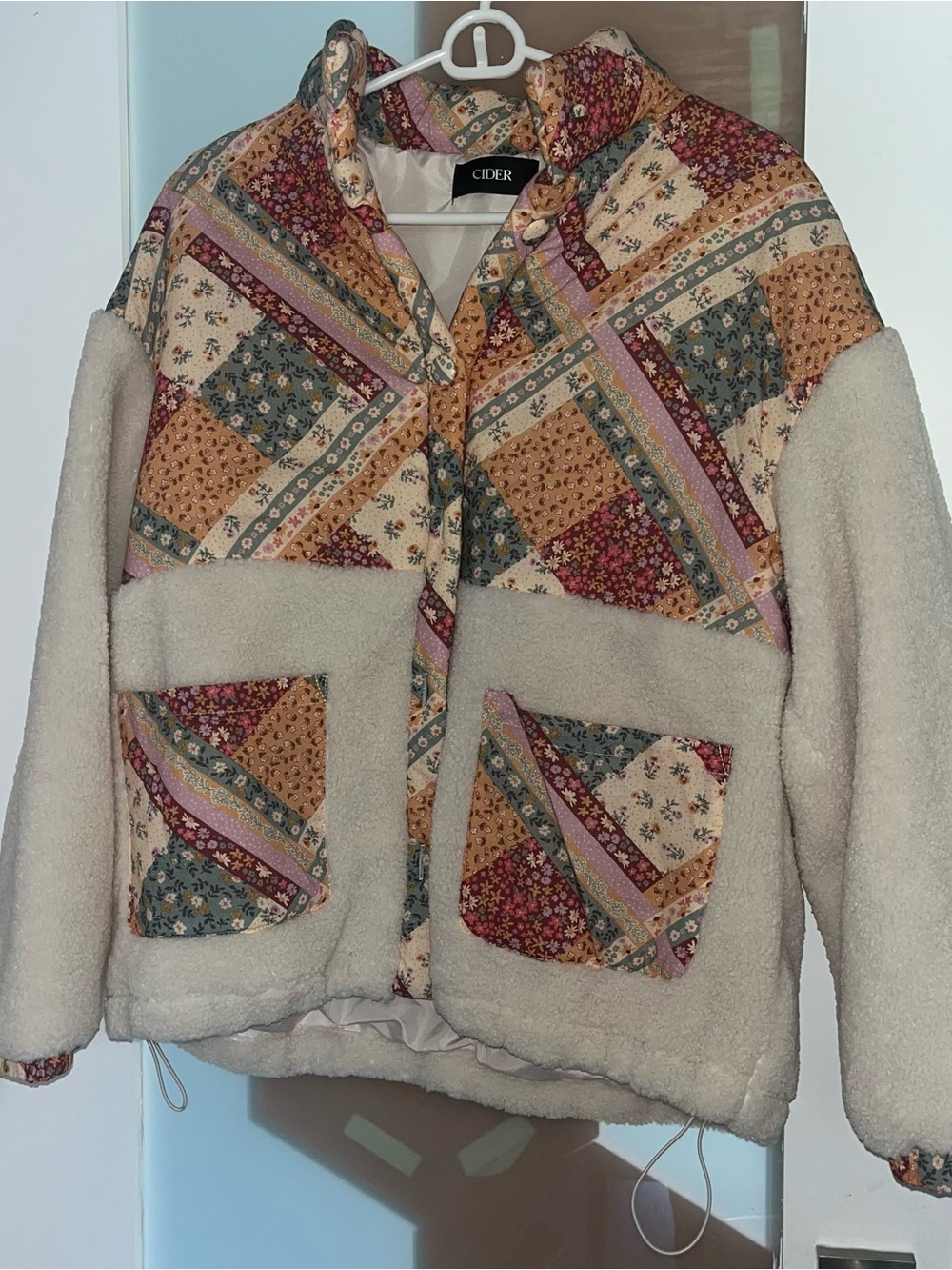 Cider Cream Sherpa Jacket With Multicolor Patchwork